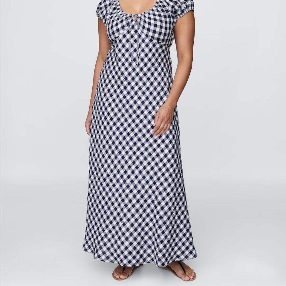 DOEN Navy Gingham Midi Dress - Women's Cap Sleeve Maxi - Picture 4 of 7